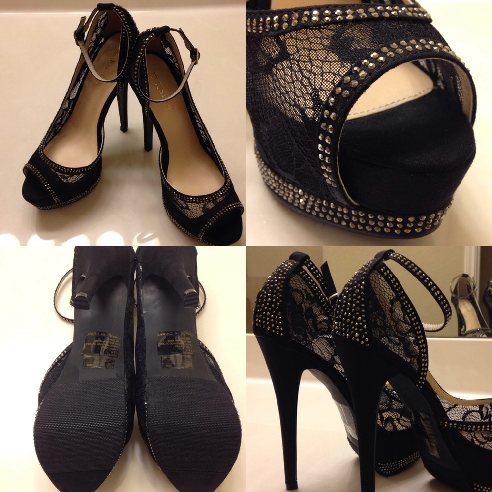 Black Lace Peep-Toe Platform Heels with Stud Detail
